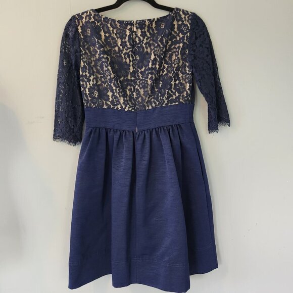 Eliza J Lace Fit and Flare Navy Blue Cocktail Dress. Pockets. Size 4P. - Picture 5 of 15